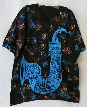 AFRICAN Handmade Dashiki Mens Shirt  Saxophone Black Blue Tribal Ethnic Festival